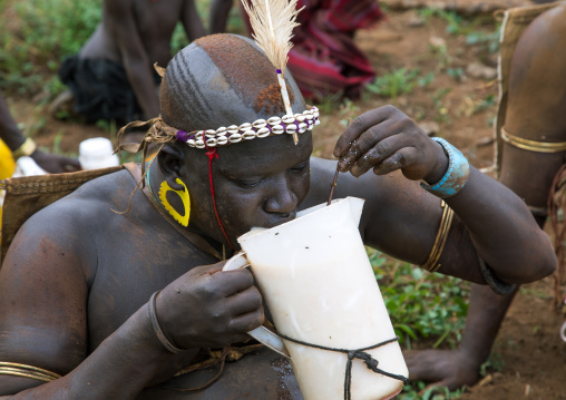 Bodi tribe fat man drinking milk during Kael ceremony, Omo valley, Hana Mursi, Ethiopia
