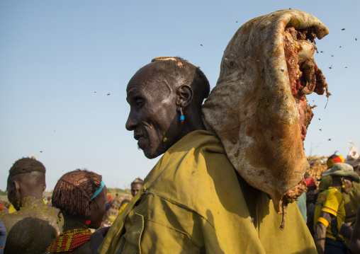 Old man carrying a big piece of cow meat during the proud ox ceremony in Dassanech tribe, Turkana County, Omorate, Ethiopia