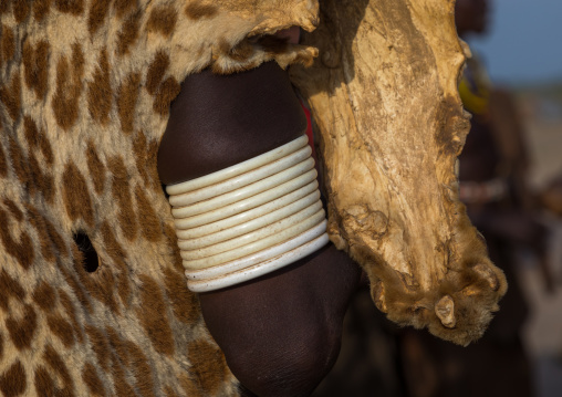 Dassanech man with leopard skin during Dimi ceremony to celebrate circumcision of teenagers, Turkana County, Omorate, Ethiopia