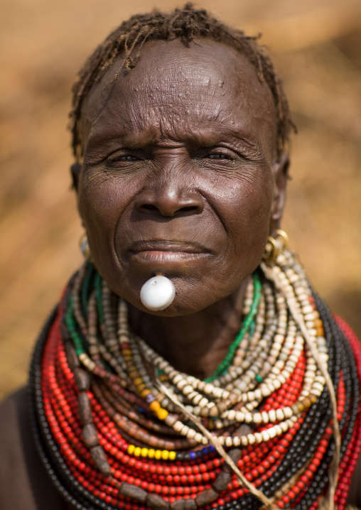 Portrait of an old Nyangatom tribe woman in a village with a chin decoration, Omo Valley, Kangate, Ethiopia