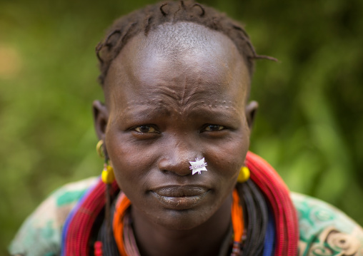 Portrait of a sudanese Toposa tribe woman refugee with nose decoration and scarifications, Omo Valley, Kangate, Ethiopia