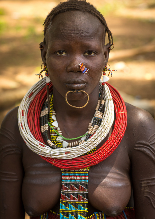 Portrait of a sudanese Toposa tribe woman refugee with huge necklaces and nose decoration, Omo Valley, Kangate, Ethiopia