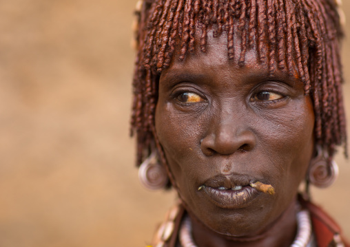 Portrait of a Hamer tribe woman with iron necklaces and stranded hair, Omo valley, Dimeka, Ethiopia