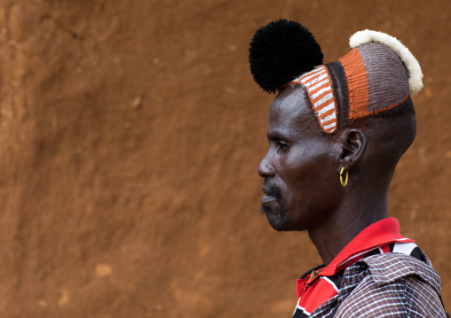 Side view of a Hamer tribe man with clay bun on the head and ostrich black feathers, Omo valley, Dimeka, Ethiopia