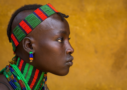 Hamer tribe woman with beaded necklace and headwear, Omo valley, Dimeka, Ethiopia