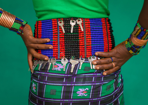 Hamer tribe woman beaded belt with keys, Omo valley, Dimeka, Ethiopia