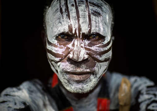 Portrait of Karo tribe man white painted face, Omo valley, Korcho, Ethiopia