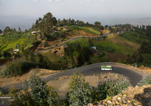 Public bus passing in a mountain curved road, Gurage Zone, Butajira, Ethiopia