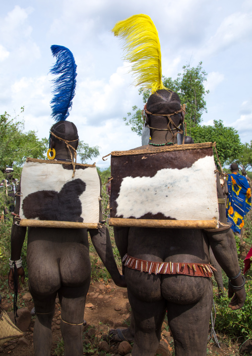Rear view of Bodi tribe fat men during Kael ceremony, Omo valley, Hana Mursi, Ethiopia