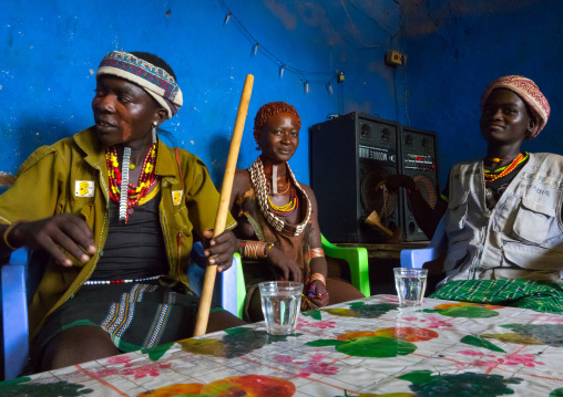 Hamer tribe people drinking in a bar, Omo valley, Turmi, Ethiopia