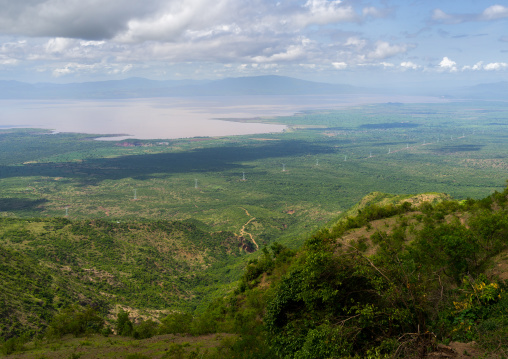 Panoramic view the power line coming from Gibe dam and going to Kenya, Gamo Gofa Zone, Ganta, Ethiopia
