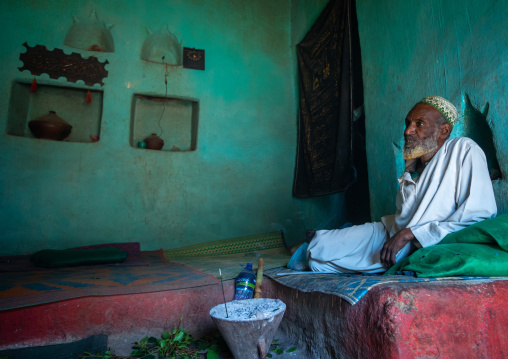 Harari man chewing khat inside an old house, Harari Region, Harar, Ethiopia