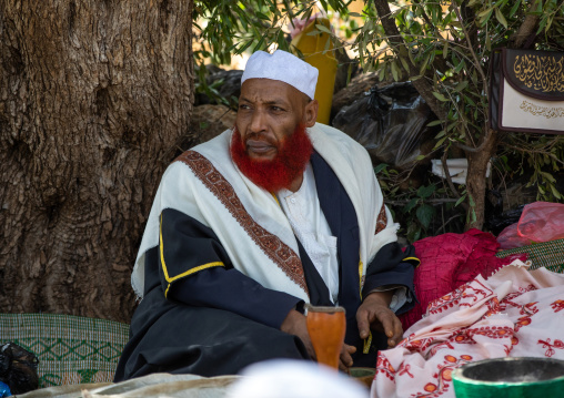Imam with red beard chewing khat during a sufi celebration, Harari Region, Harar, Ethiopia