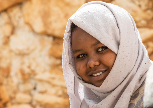 Portrait of a smiling veiled harari woman, Harari Region, Harar, Ethiopia