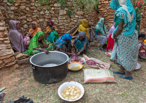 Harari women preparing camel meat for a muslim celebration, Harari Region, Harar, Ethiopia