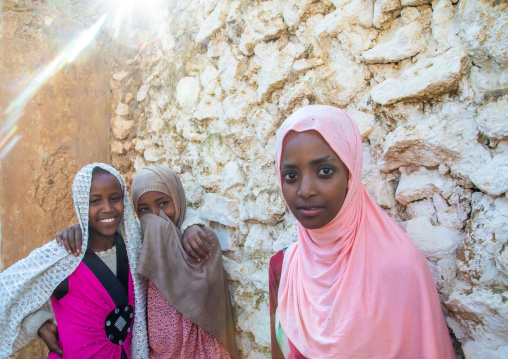 Veiled harari girls along a wall, Harari Region, Harar, Ethiopia