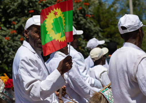 Ethiopian man holding a flag of the oromo liberation front party during a rally, Oromia, Waliso, Ethiopia