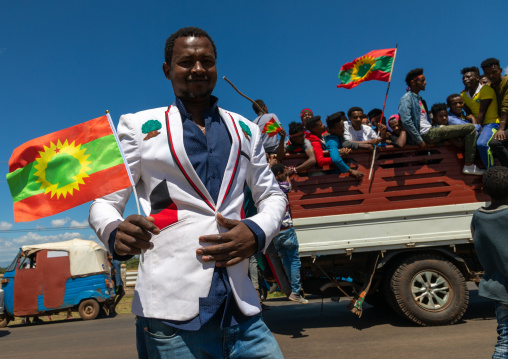 Men celebrating the oromo liberation front party, Oromia, Waliso, Ethiopia