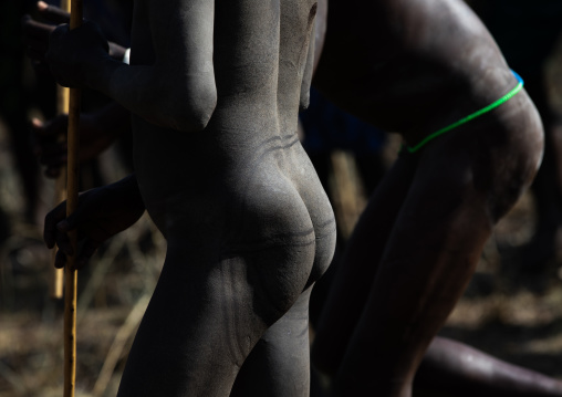 Naked suri tribe warriors make-up during a donga stick fighting ritual, Omo valley, Kibish, Ethiopia