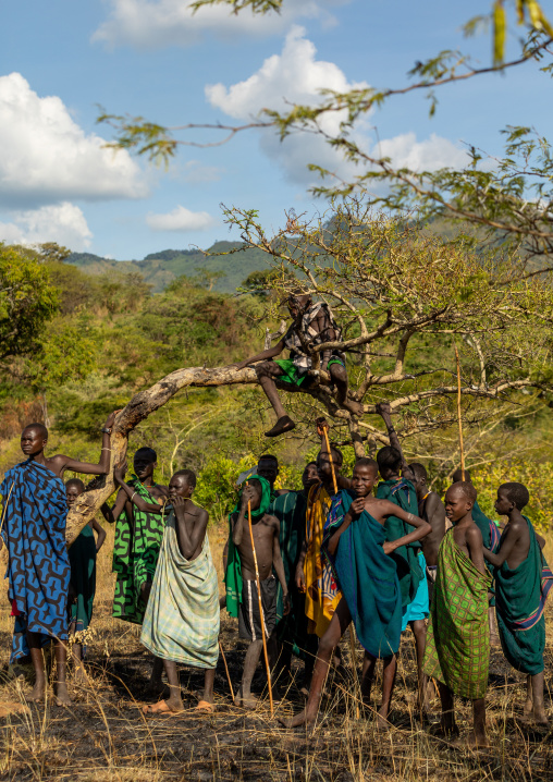 Suri tribe women watching a donga stick fighting ritual, Omo valley, Kibish, Ethiopia