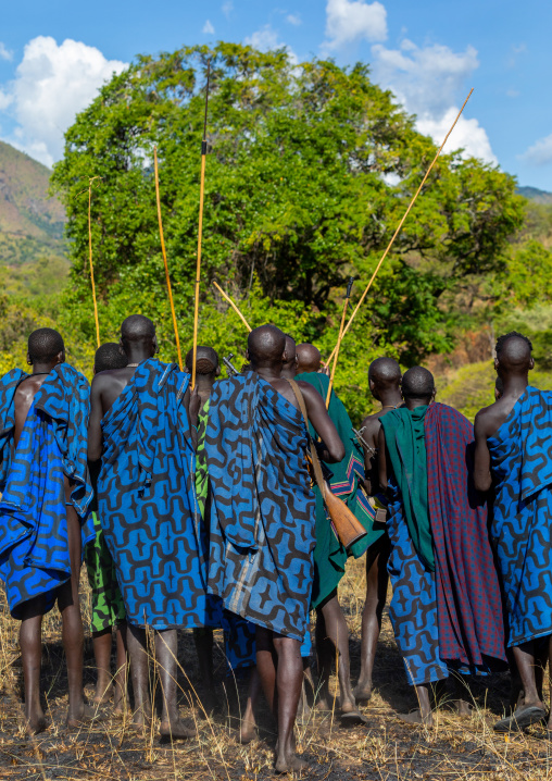 Suri tribe warriors during a donga stick fighting ritual, Omo valley, Kibish, Ethiopia