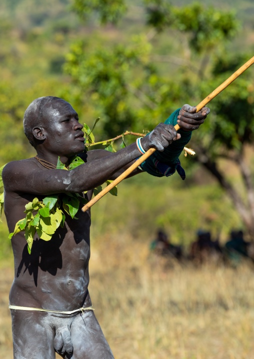 Suri tribe warrior fighting during a donga stick ritual, Omo valley, Kibish, Ethiopia