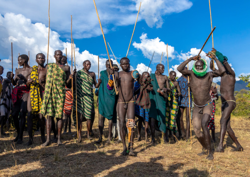 Group of suri tribe warriors during a donga stick fighting ritual, Omo valley, Kibish, Ethiopia