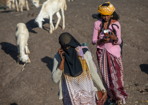 Oromo woman on the phone wearing a burqa in the market, Amhara region, Senbete, Ethiopia