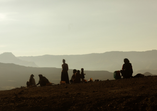 Silhouettes of people in front of the mountain, Amhara Region, Lalibela, Ethiopia