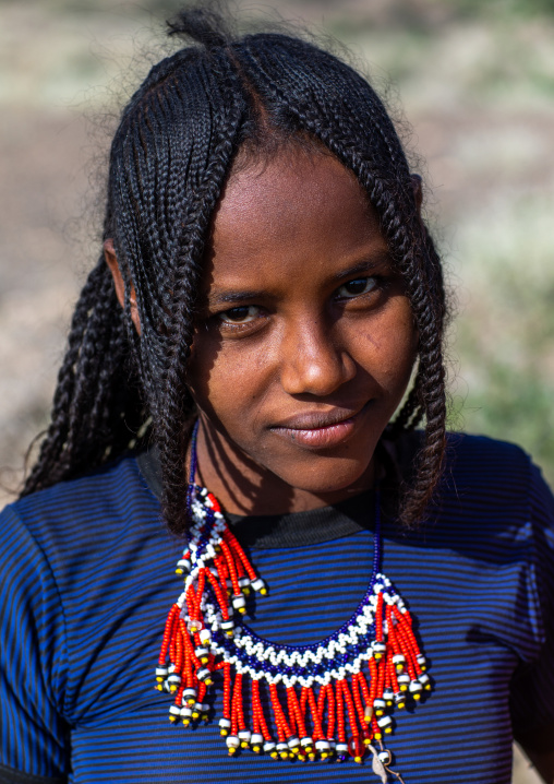 Portrait of an afar tribe girl with braided hair, Afar region, Mile, Ethiopia