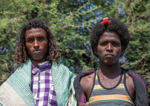 Afar tribe men with hairstyles showing their marital status, Afar region, Semera, Ethiopia