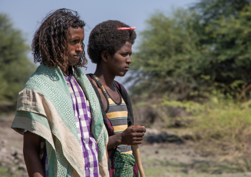 Afar tribe men with hairstyles showing their marital status, Afar region, Semera, Ethiopia