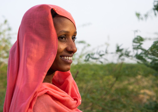 Portrait of a smiling afar tribe woman with a pink veil, Afar Region, Afambo, Ethiopia