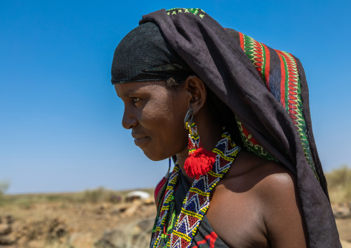 Portrait of an issa tribe woman with a beaded necklace, Afar Region, Gewane, Ethiopia