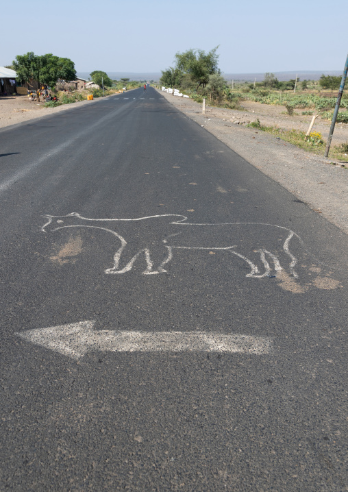 Sign drawn on the road depicting a cow, Oromia, Mileso, Ethiopia