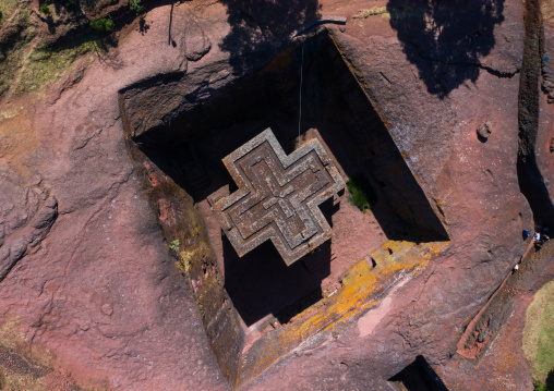 Aerial view of the monolithic rock-cut church of bete giyorgis, Amhara Region, Lalibela, Ethiopia