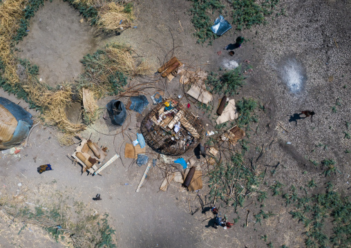 Aerial view of afar people building a hut, Afar Region, Afambo, Ethiopia