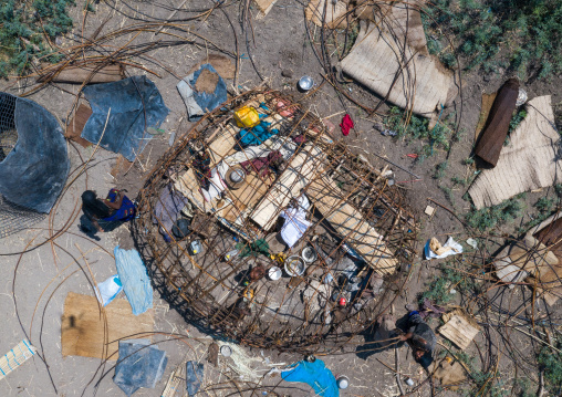 Aerial view of afar people building a hut, Afar Region, Afambo, Ethiopia