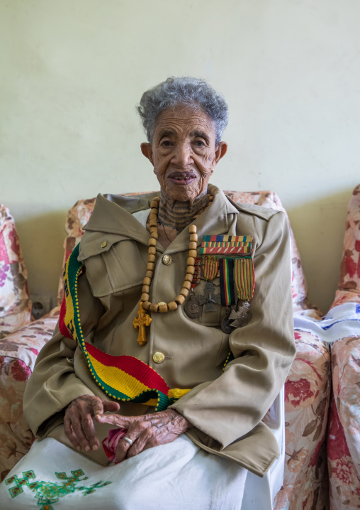 Ethiopian veteran woman from the italo-ethiopian war in army uniform, Addis Ababa Region, Addis Ababa, Ethiopia