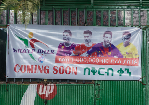 Advertisement billboard for sports betting on a shop, Addis Ababa Region, Addis Ababa, Ethiopia