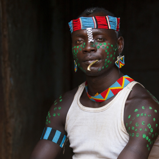 Bana Tribe Man With Colourful Headband And Necklace And Body Paintings, Key Afer, Omo Valley, Ethiopia