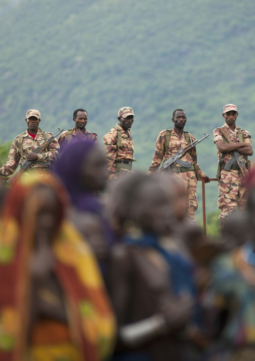 Ethiopian Army Monitoring Suri People During A Ceremony Organized By The Government, Kibish, Omo Valley, Ethiopia