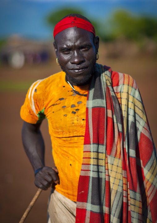 Colourful Bodi Tribe Man With Red Hadband, Hana Mursi, Omo Valley, Ethiopia
