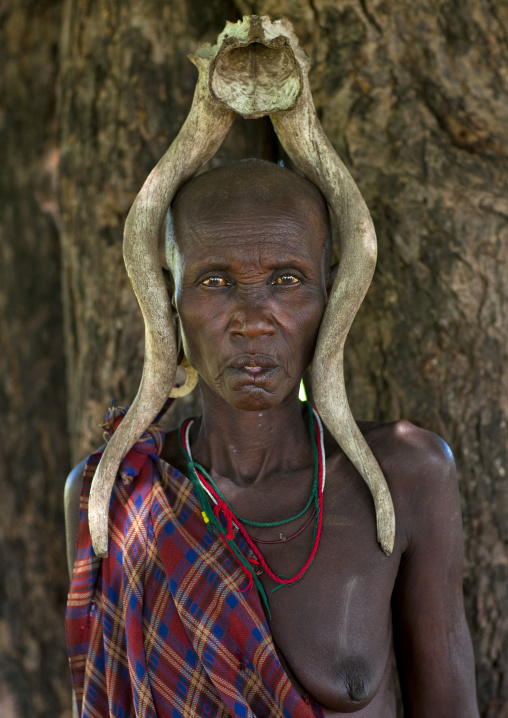 Mursi Tribe Old Woman With Animal Horns, Chaidu, Omo Valley, Ethiopia
