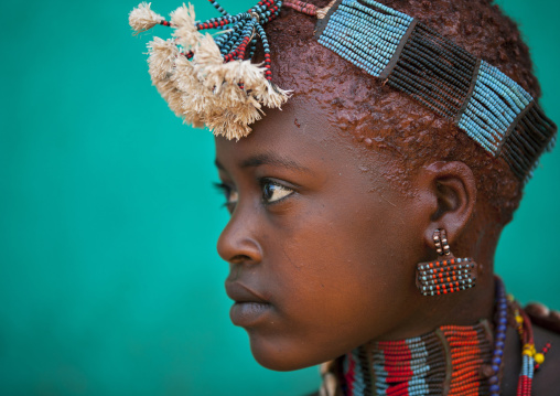Young Hamer Tribe Girl With Colourful Decorations, Turmi, Omo Valley, Ethiopia
