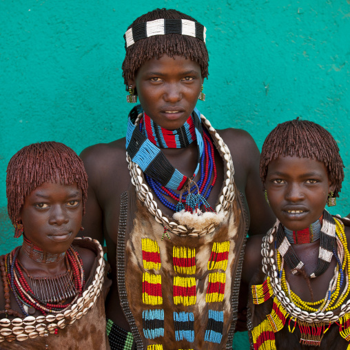 Hamar Tribe Woman And Kids With Colourful Decorations, Turmi, Omo Valley, Ethiopia