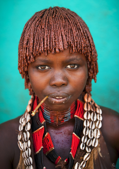 Hamer Tribe Girl With Traditional Haricut And Necklaces, Turmi, Omo Valley, Ethiopia