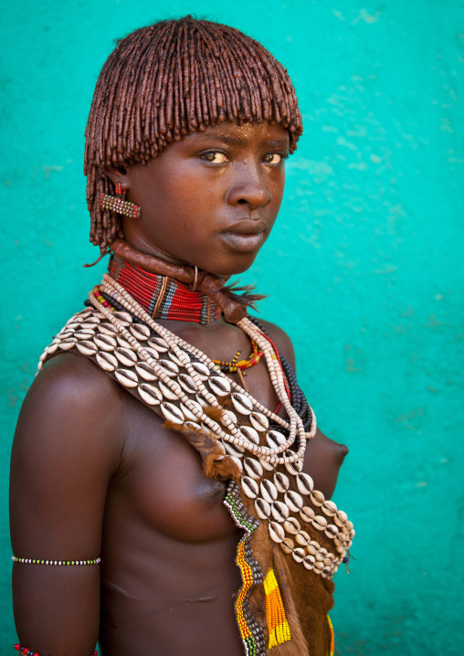 Hamer Tribe Girl With Traditional Haircut And Necklaces, Turmi, Omo Valley, Ethiopia