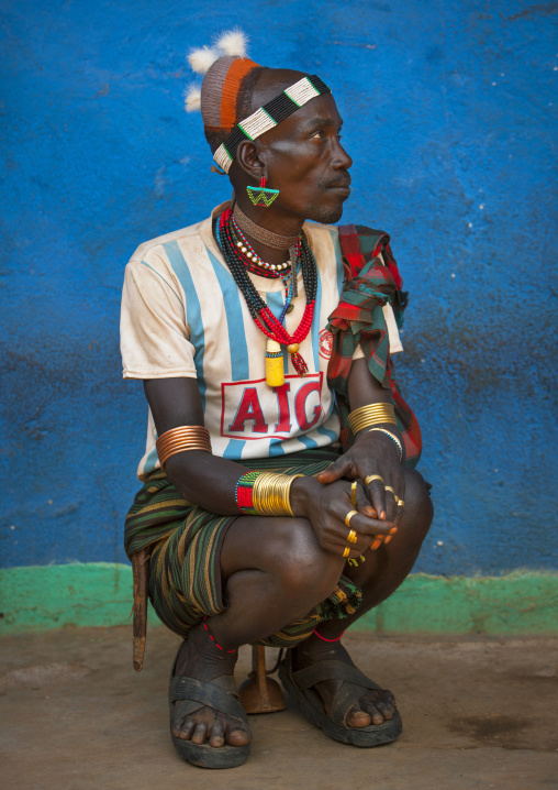Hamer Tribe Man Wsith Manchester United Shirt, Dimeka, Ommo Valley, Ethiopia