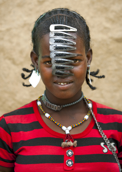 Miss Dobi With Sim Card As Earrings And Clips As Hair Decorations, Bana Tribe Girl, Key Afer, Omo Valley, Ethiopia